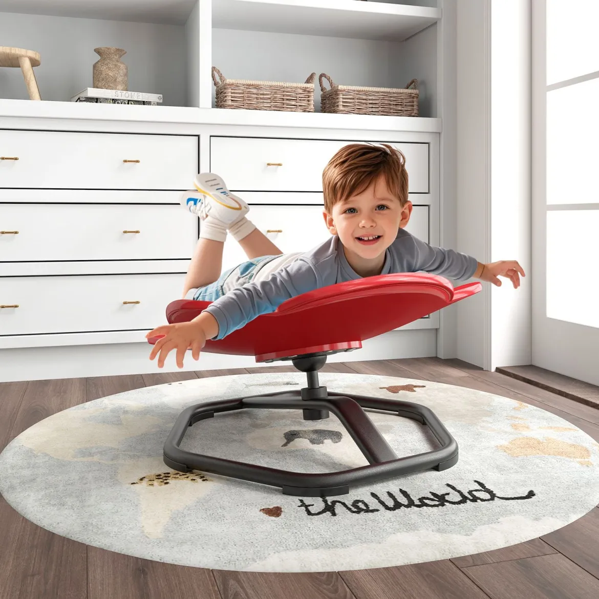 Sensorischer Drehstuhl Kinder 360° Kinderdrehstuhl Karussell Autismus Kinderstuhl mit rutschfester Metallbasis Rot Elefant