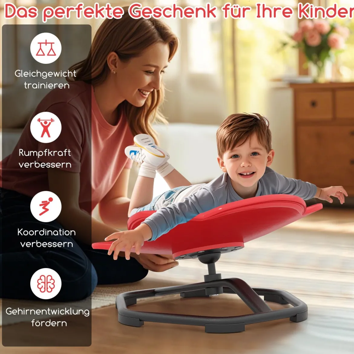 Sensorischer Drehstuhl Kinder 360° Kinderdrehstuhl Karussell Autismus Kinderstuhl mit rutschfester Metallbasis Rot Elefant