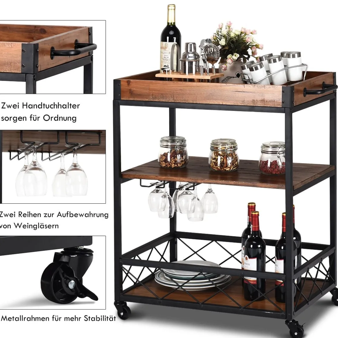 Servierwagen 3 Ablagen Küchenwagen Haushaltswagen mit Universalrädern Braun 78 x 46 x 82,5 cm