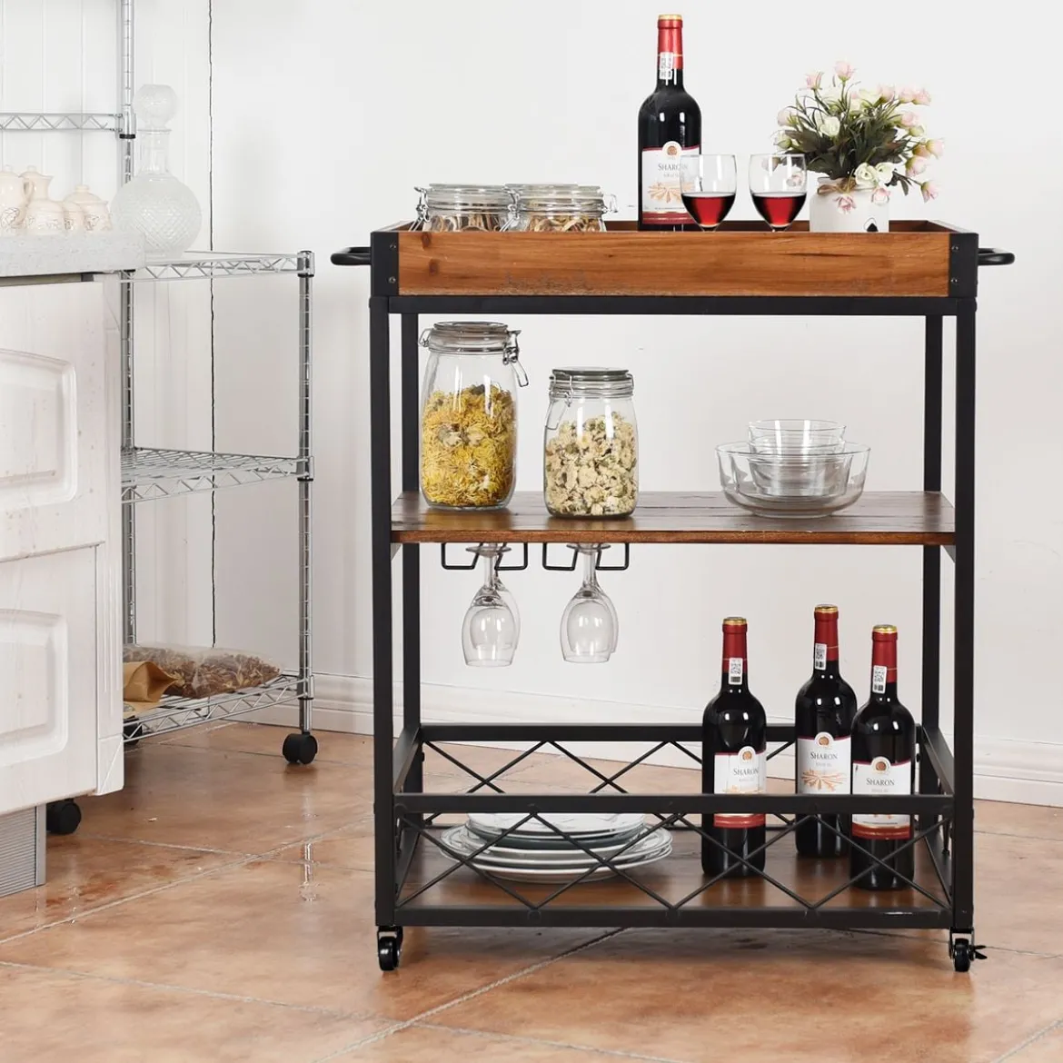 Servierwagen 3 Ablagen Küchenwagen Haushaltswagen mit Universalrädern Braun 78 x 46 x 82,5 cm