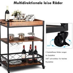 Servierwagen 3 Ablagen Küchenwagen Haushaltswagen mit Universalrädern Braun 78 x 46 x 82,5 cm