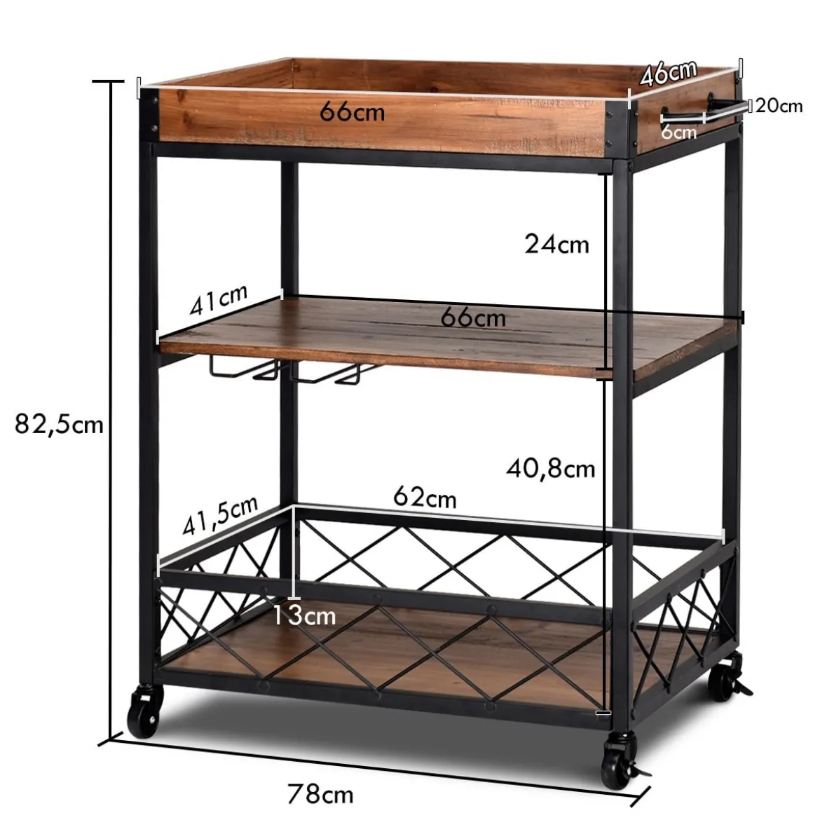 Servierwagen 3 Ablagen Küchenwagen Haushaltswagen mit Universalrädern Braun 78 x 46 x 82,5 cm