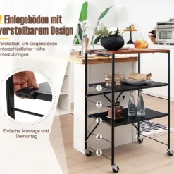 Servierwagen Beistelltisch mit Rollen & Holzablage & Metallrahmen 60 x 40 x 89 cm
