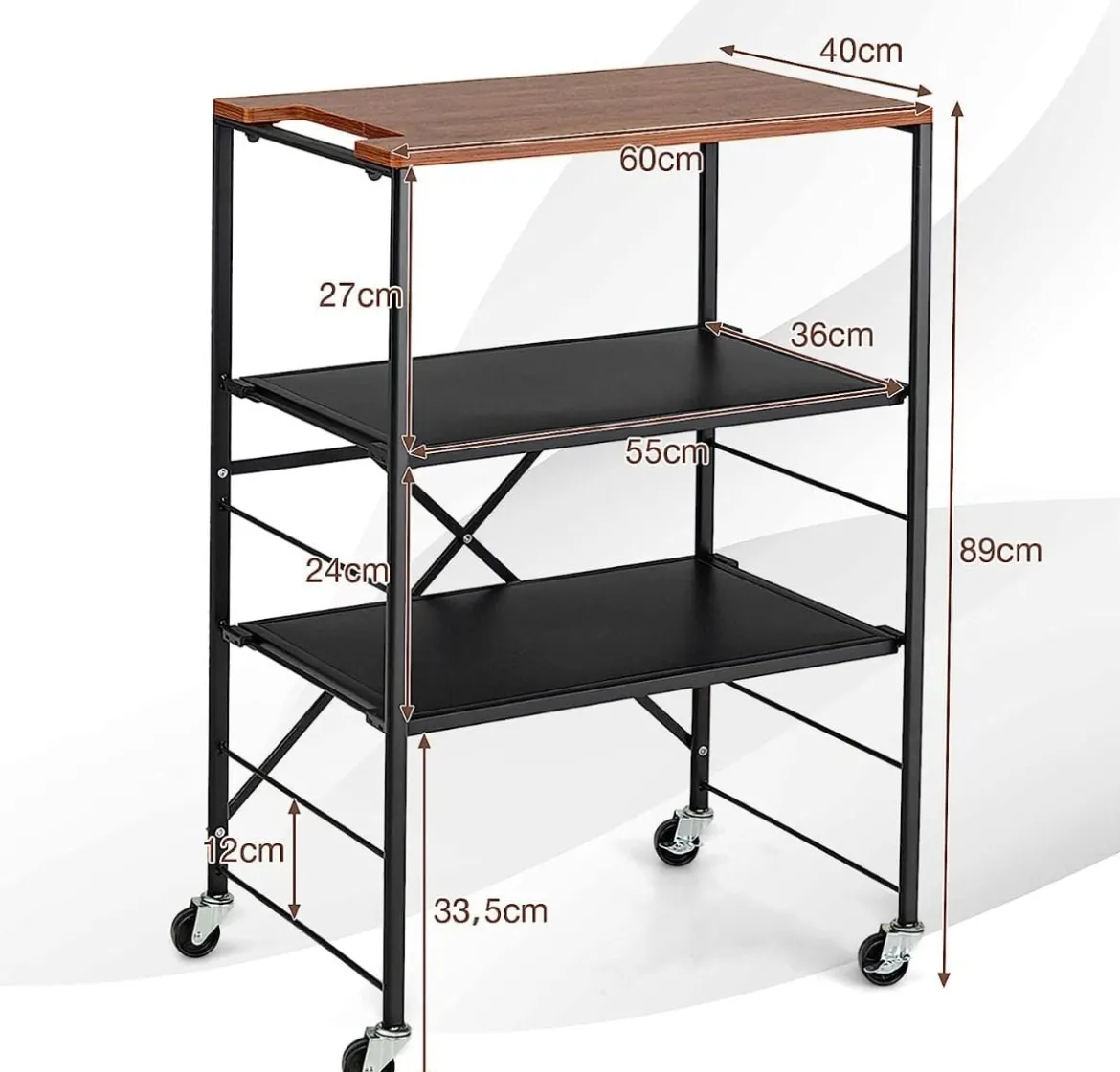 Servierwagen Beistelltisch mit Rollen & Holzablage & Metallrahmen 60 x 40 x 89 cm