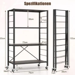 Servierwagen klappbar 4 Ebenen Küchenwagen mit abnehmbaren Rädern 76 x 36 x 122 cm Schwarz + Rustikales Braun