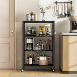 Servierwagen klappbar 4 Ebenen Küchenwagen mit abnehmbaren Rädern 76 x 36 x 122 cm Schwarz + Rustikales Braun