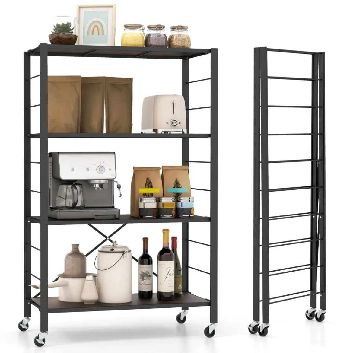 Servierwagen klappbar 4 Ebenen Küchenwagen mit abnehmbaren Rädern 76 x 36 x 122 cm Schwarz + Rustikales Braun