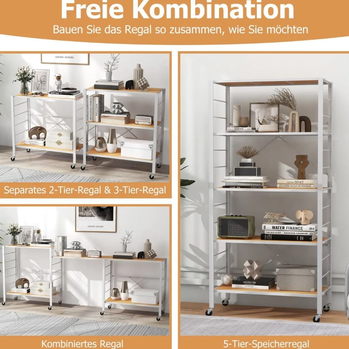 Servierwagen klappbar 5 Ebenen Küchenwagen mit abnehmbaren Rädern Natur 76 x 36 x 153 cm