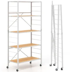 Servierwagen klappbar 5 Ebenen Küchenwagen mit abnehmbaren Rädern Natur 76 x 36 x 153 cm