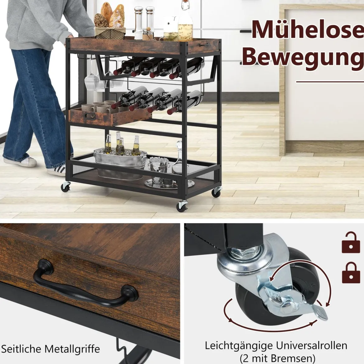 Servierwagen mit abnehmbarem Tablett Küchenwagen 3 Ebenen Rollwagen mit Glashalter und Weinregal Vintage Braun
