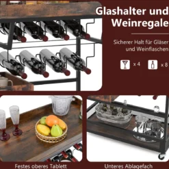 Servierwagen mit abnehmbarem Tablett Küchenwagen 3 Ebenen Rollwagen mit Glashalter und Weinregal Vintage Braun
