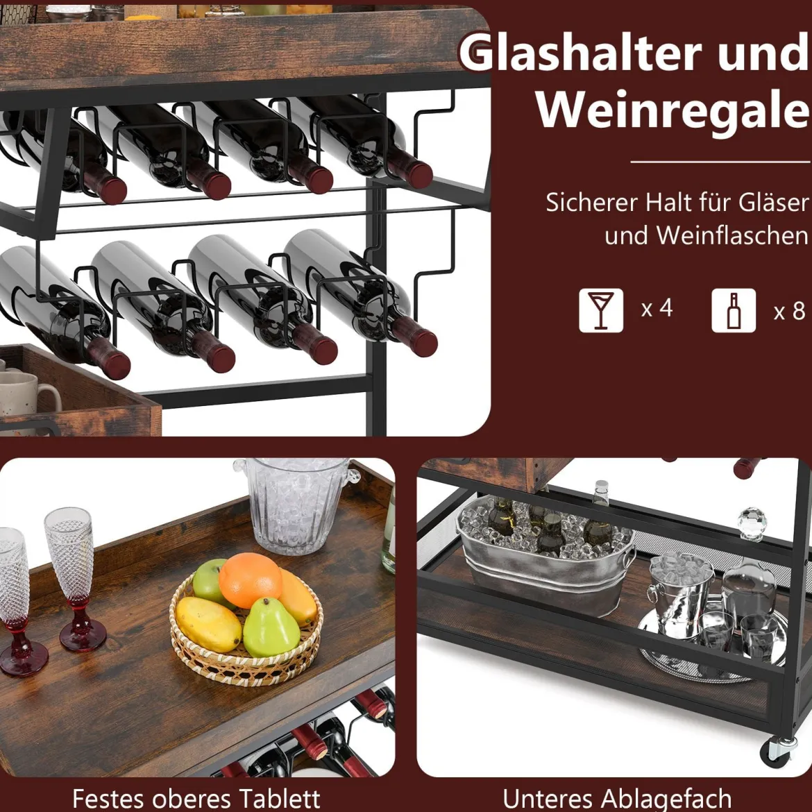 Servierwagen mit abnehmbarem Tablett Küchenwagen 3 Ebenen Rollwagen mit Glashalter und Weinregal Vintage Braun