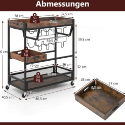 Servierwagen mit abnehmbarem Tablett Küchenwagen 3 Ebenen Rollwagen mit Glashalter und Weinregal Vintage Braun