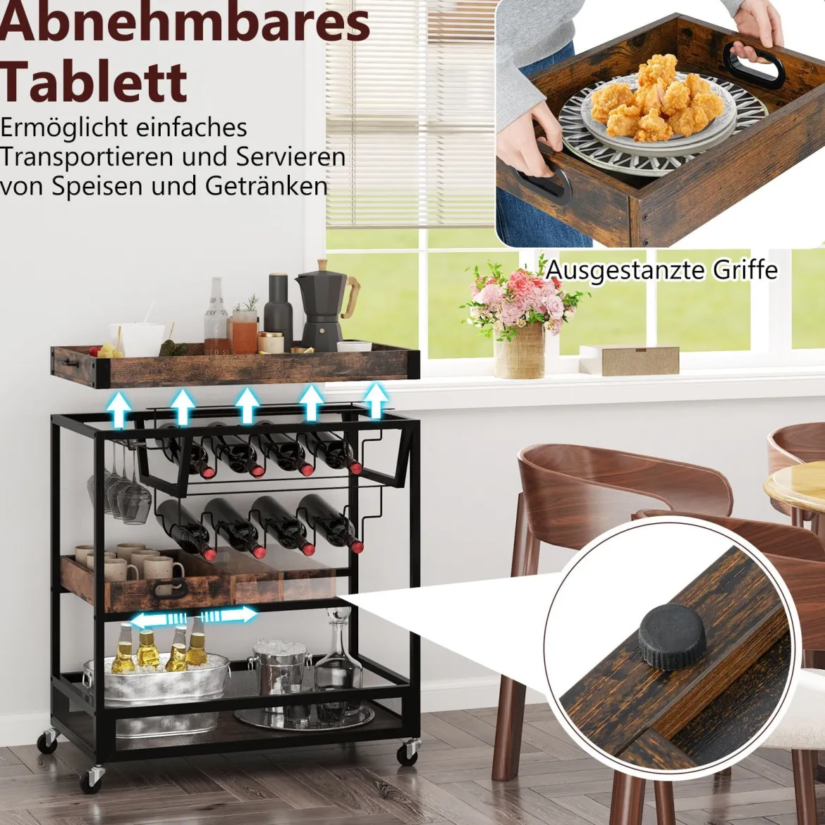 Servierwagen mit abnehmbarem Tablett Küchenwagen 3 Ebenen Rollwagen mit Glashalter und Weinregal Vintage Braun