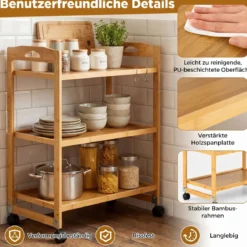 Servierwagen mit 3 Ebenen Küchenwagen aus Bambus mit Universalrollen Griff Natur 60 x 33 x 72 cm
