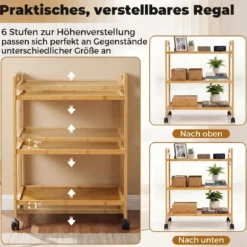 Servierwagen mit 3 Ebenen Küchenwagen aus Bambus mit Universalrollen Griff Natur 60 x 33 x 72 cm