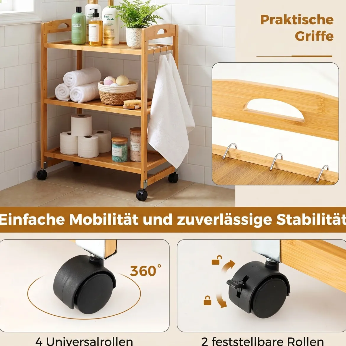 Servierwagen mit 3 Ebenen Küchenwagen aus Bambus mit Universalrollen Griff Natur 60 x 33 x 72 cm