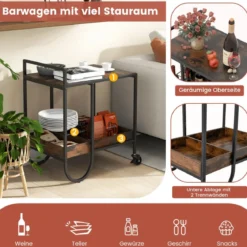 Servierwagen mit Rollen Feststellbarer Barwagen Weinwagen Industrie Design Rustikales Braun