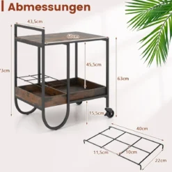 Servierwagen mit Rollen Feststellbarer Barwagen Weinwagen Industrie Design Rustikales Braun