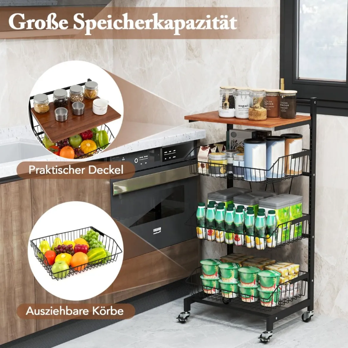 Servierwagen mit Rollen Gemüseregal mit ausziehbaren Körben 40 x 31 x 88 cm