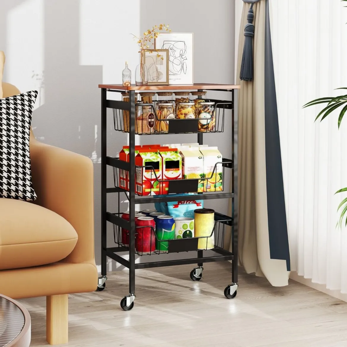 Servierwagen mit Rollen Gemüseregal mit ausziehbaren Körben Rollwagen mit 4 Etagen 42 x 31 x 74 cm