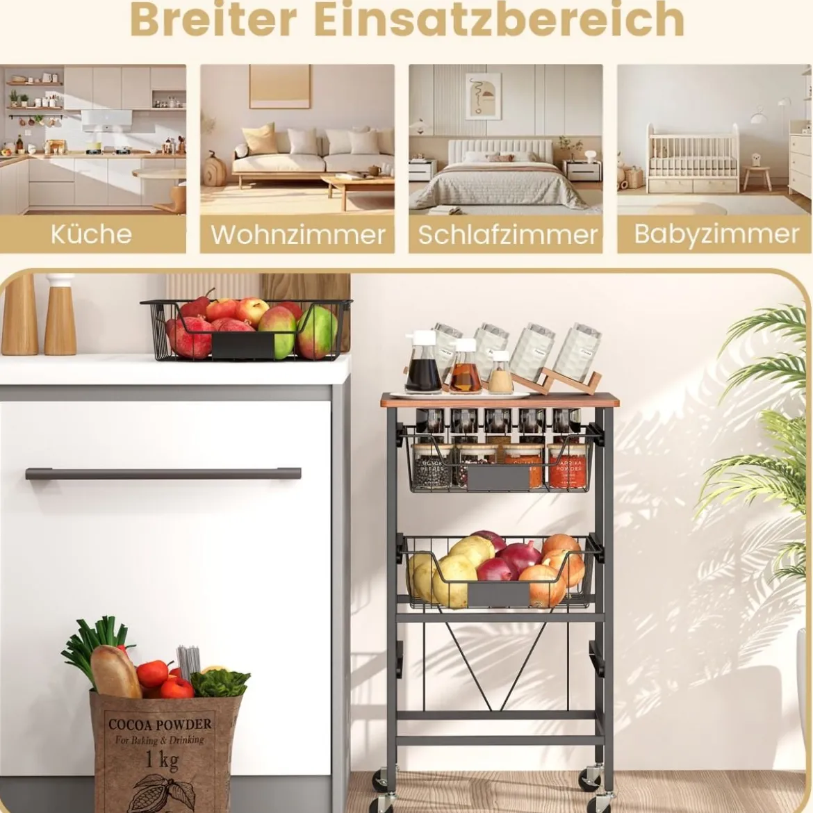 Servierwagen mit Rollen Gemüseregal mit ausziehbaren Körben Rollwagen mit 4 Etagen 42 x 31 x 74 cm