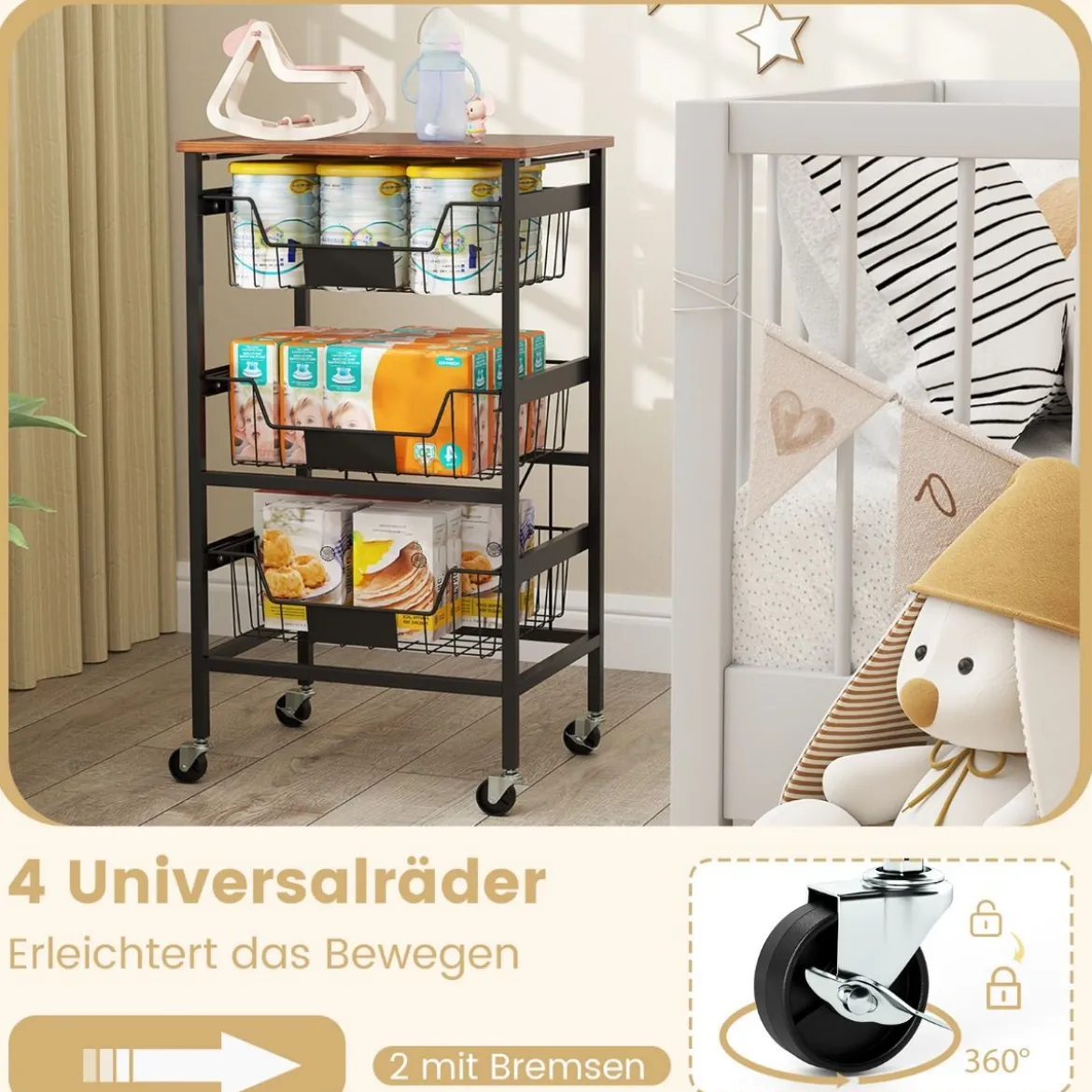 Servierwagen mit Rollen Gemüseregal mit ausziehbaren Körben Rollwagen mit 4 Etagen 42 x 31 x 74 cm