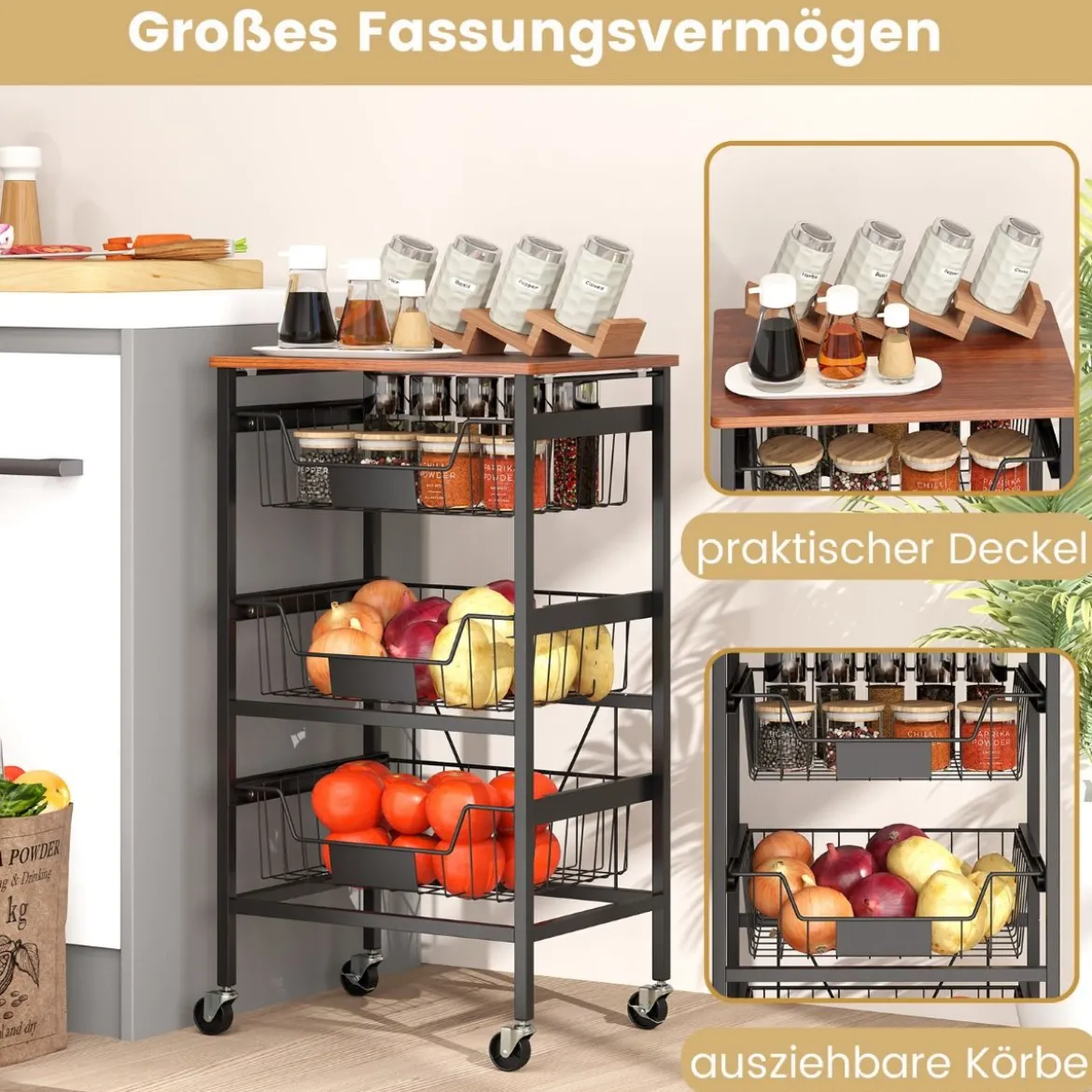 Servierwagen mit Rollen Gemüseregal mit ausziehbaren Körben Rollwagen mit 4 Etagen 42 x 31 x 74 cm