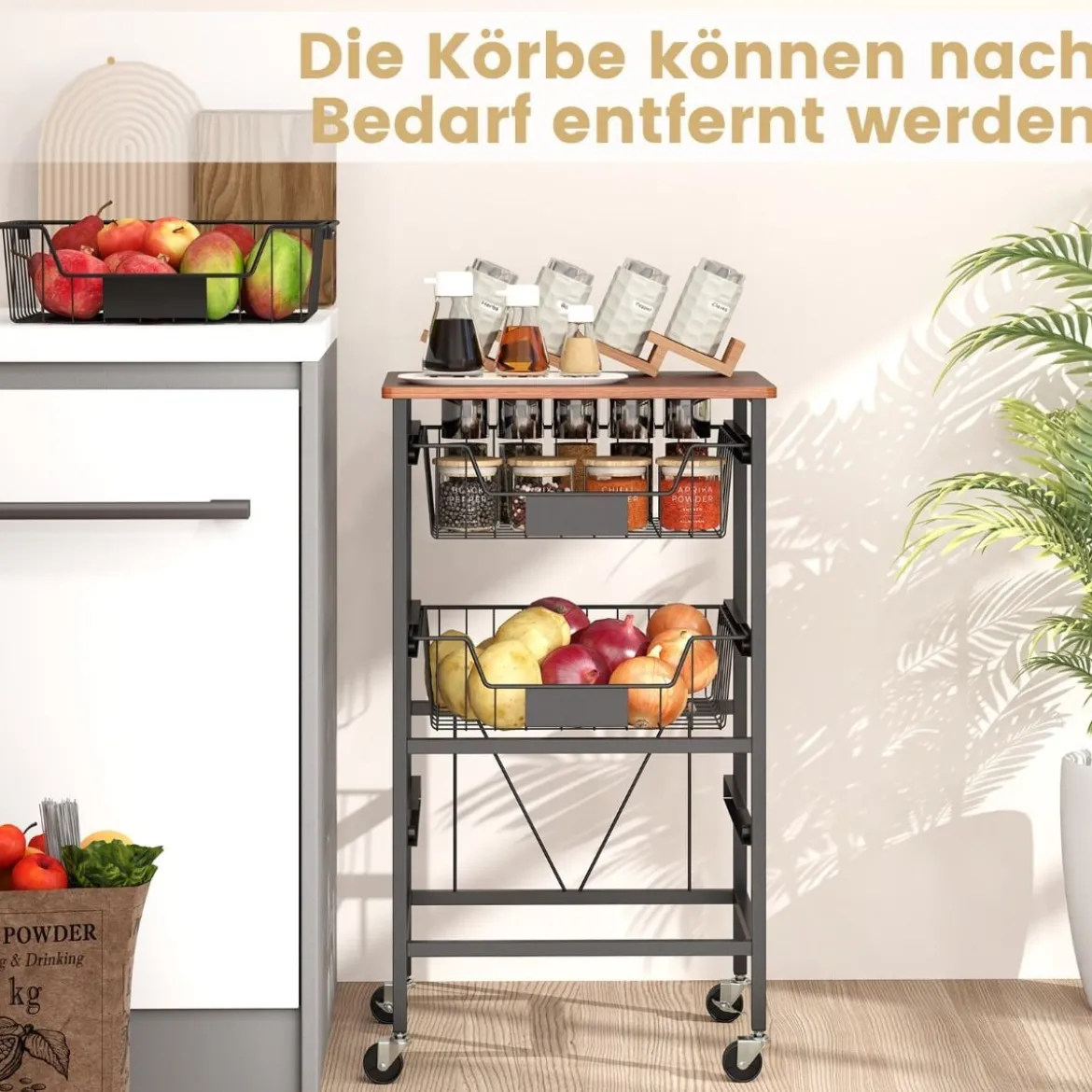 Servierwagen mit Rollen Gemüseregal mit ausziehbaren Körben Rollwagen mit 4 Etagen 42 x 31 x 74 cm