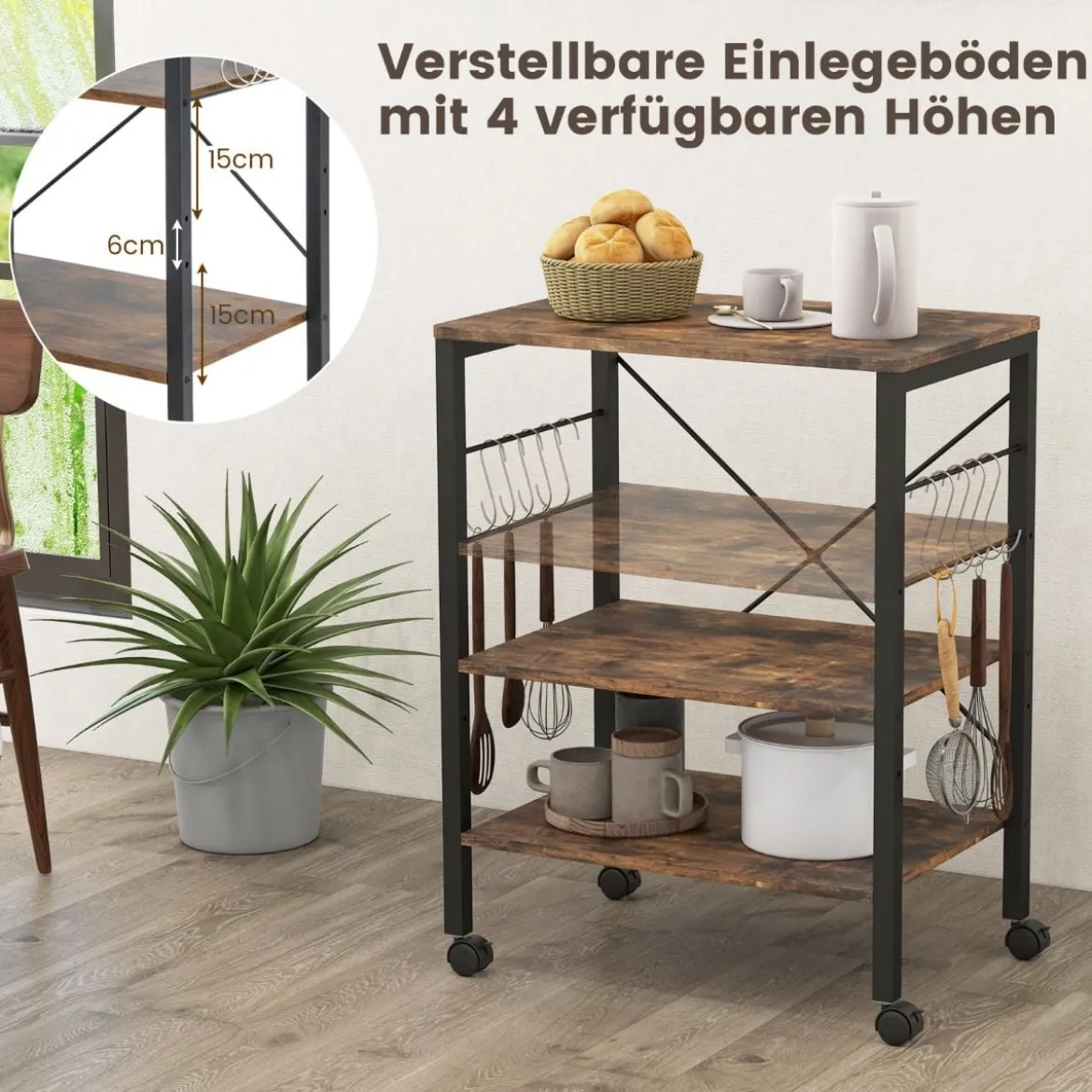 Servierwagen mit Rollen & Verstellbaren Ablagen & 10 Haken 3 Ebenen Küchenwagen Braun + Schwarz
