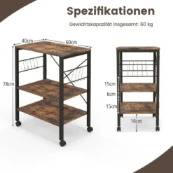 Servierwagen mit Rollen & Verstellbaren Ablagen & 10 Haken 3 Ebenen Küchenwagen Braun + Schwarz