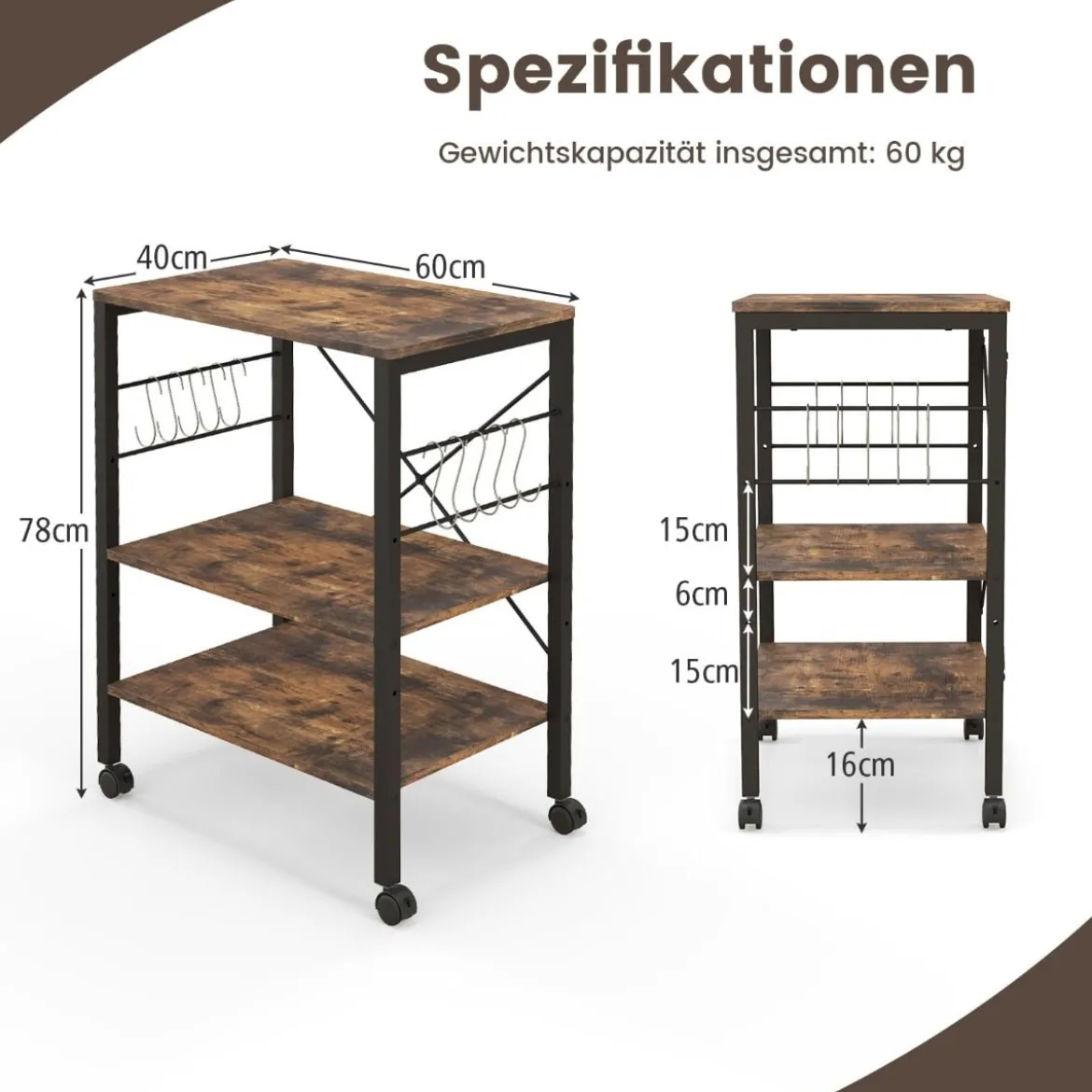 Servierwagen mit Rollen & Verstellbaren Ablagen & 10 Haken 3 Ebenen Küchenwagen Braun + Schwarz