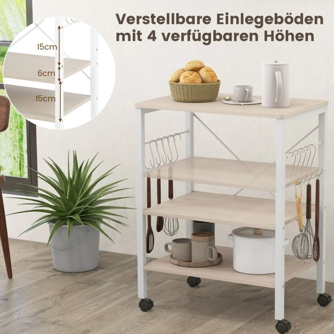 Servierwagen mit Rollen & Verstellbaren Ablagen & 10 Haken 3 Ebenen Küchenwagen Braun + Weiß