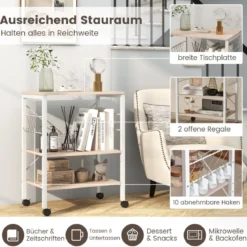Servierwagen mit Rollen & Verstellbaren Ablagen & 10 Haken 3 Ebenen Küchenwagen Braun + Weiß