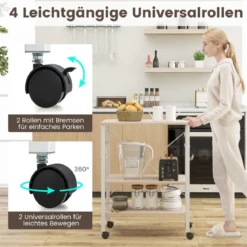 Servierwagen mit Rollen & Verstellbaren Ablagen & 10 Haken 3 Ebenen Küchenwagen Braun + Weiß