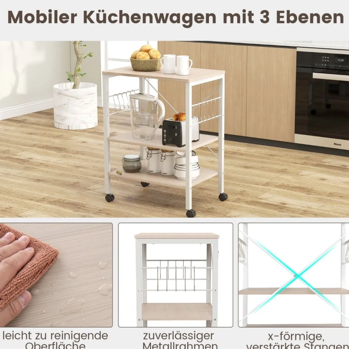 Servierwagen mit Rollen & Verstellbaren Ablagen & 10 Haken 3 Ebenen Küchenwagen Braun + Weiß