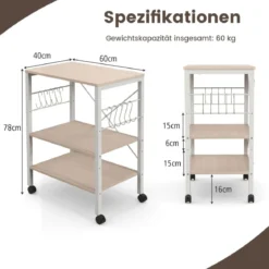 Servierwagen mit Rollen & Verstellbaren Ablagen & 10 Haken 3 Ebenen Küchenwagen Braun + Weiß