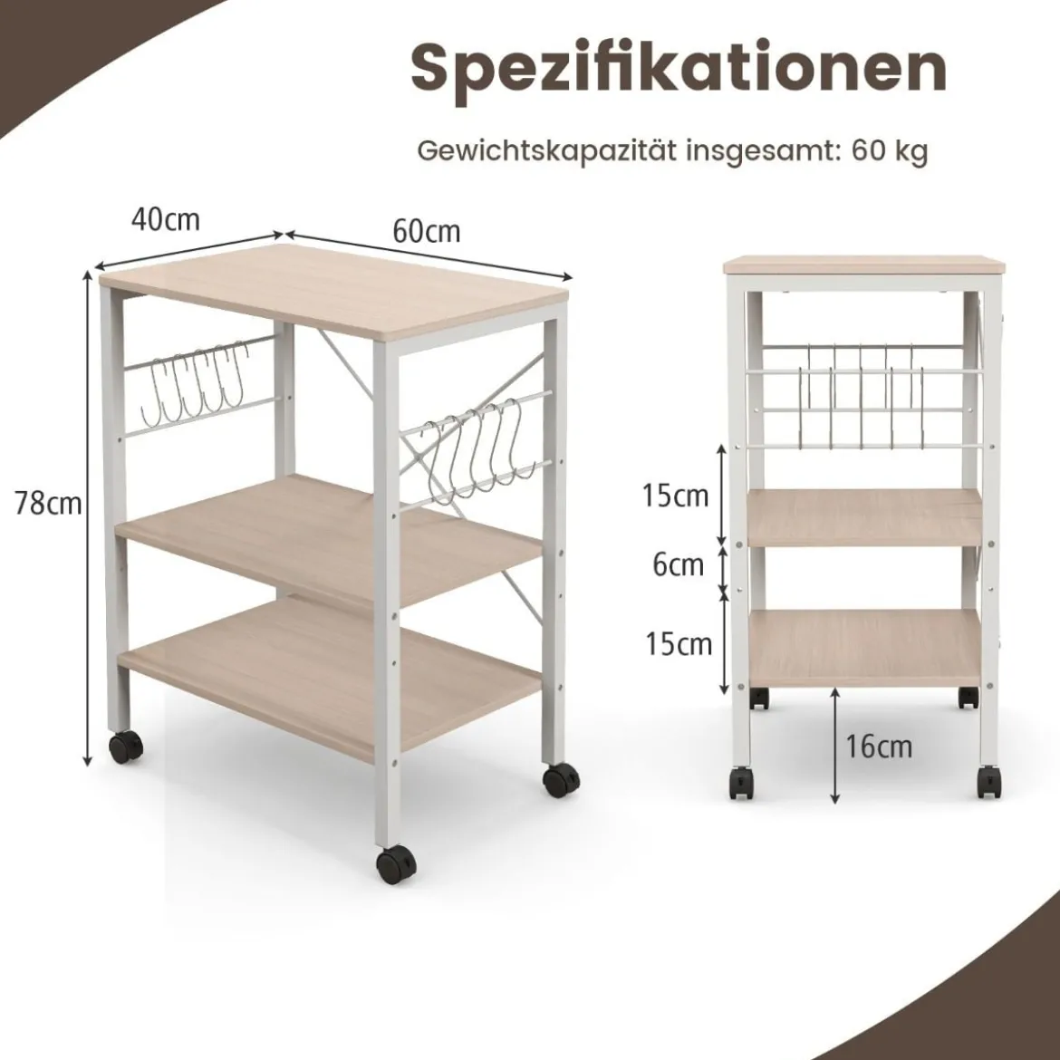 Servierwagen mit Rollen & Verstellbaren Ablagen & 10 Haken 3 Ebenen Küchenwagen Braun + Weiß