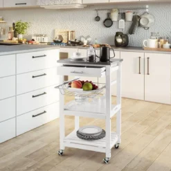 Servierwagen Rollende Kücheninsel mit Arbeitsplatte 47 x 39 x 85 cm Weiß
