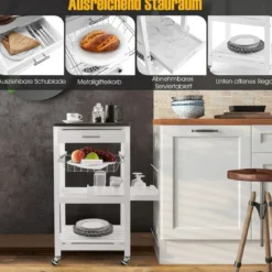 Servierwagen Rollende Kücheninsel mit Arbeitsplatte 47 x 39 x 85 cm Weiß