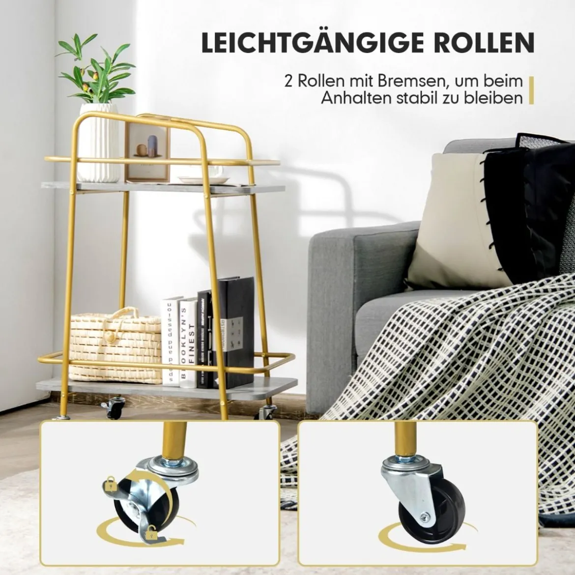 Servierwagen 2-Stöckiger Rollender Küchenwagen 36,5 x 60 x 82,5 cm Grau & Golden