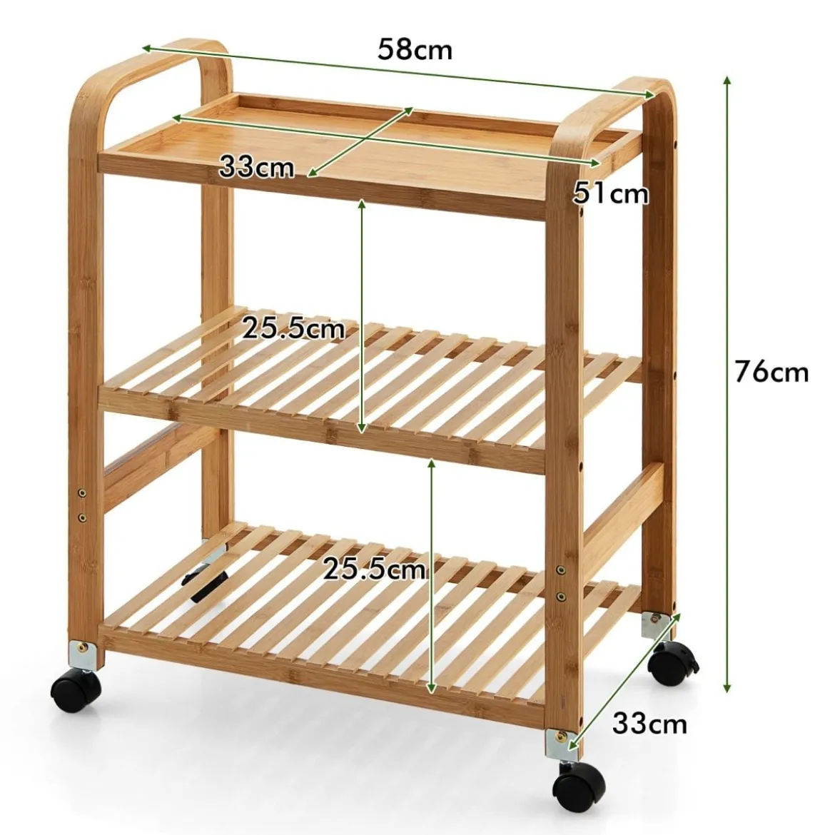 Servierwagen 3-Stöckiger Rollwagen aus Bambus 58 x 33 x 76 cm Natur