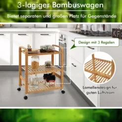 Servierwagen 3-Stöckiger Rollwagen aus Bambus 58 x 33 x 76 cm Natur