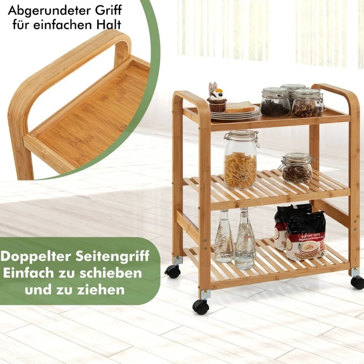 Servierwagen 3-Stöckiger Rollwagen aus Bambus 58 x 33 x 76 cm Natur