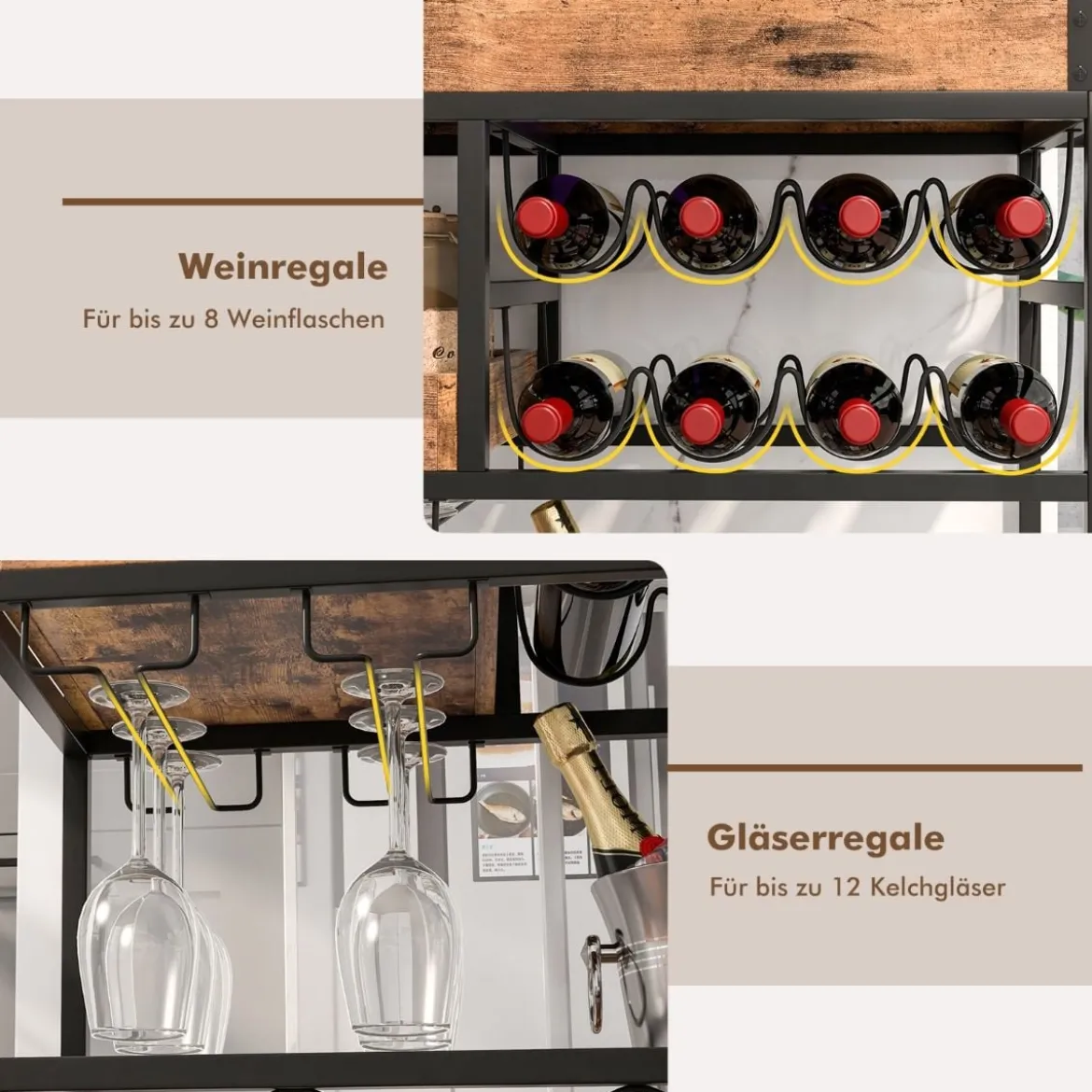 Servierwagen 3-Stufiger Rollender Barwagen mit Abnehmbarem Tablett 80 x 40 x 83 cm Rustikales Braun