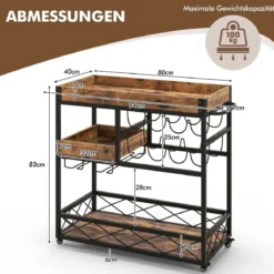 Servierwagen 3-Stufiger Rollender Barwagen mit Abnehmbarem Tablett 80 x 40 x 83 cm Rustikales Braun