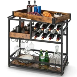 Servierwagen 3-Stufiger Rollender Barwagen mit Abnehmbarem Tablett 80 x 40 x 83 cm Rustikales Braun