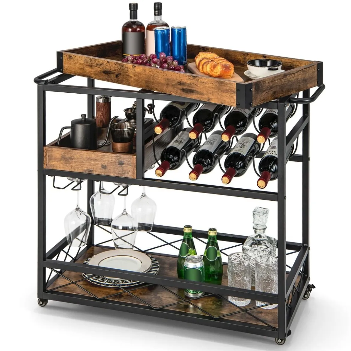 Servierwagen 3-Stufiger Rollender Barwagen mit Abnehmbarem Tablett 80 x 40 x 83 cm Rustikales Braun