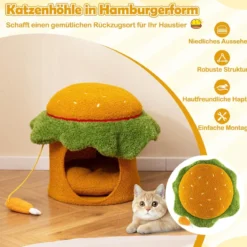 Süßes Katzenbett hamburgerförmiges Katzenhaus mit gepolstertem oberen Sitzplatz hängendem Plüschspielzeug Orange