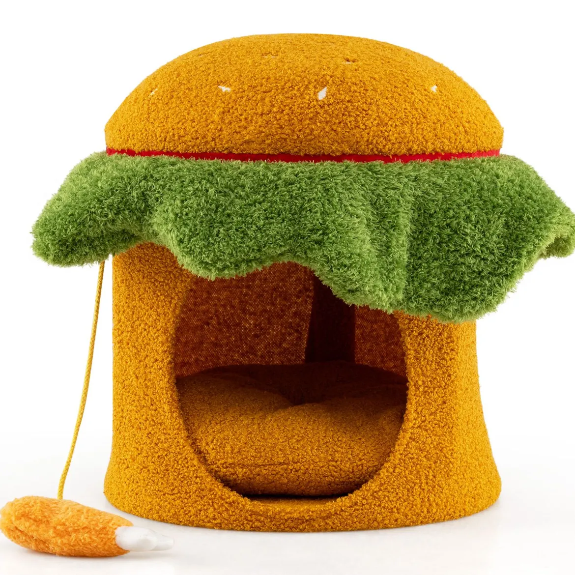 Süßes Katzenbett hamburgerförmiges Katzenhaus mit gepolstertem oberen Sitzplatz hängendem Plüschspielzeug Orange